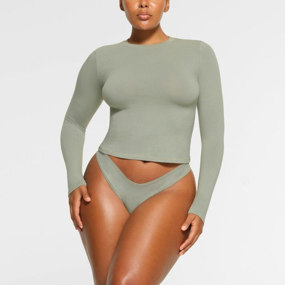 SKIMS COTTON JERSEY Long Sleeve T-Shirt - Mineral Size S NWT #1558